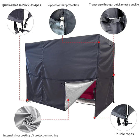 Triple Seater Hammock Swing Cover For Outdoor Use Waterproof And UV Resistant All Weather Shield 81x49x67 Inches 210D Oxford Fabric shown with features like quick-release buckles and tear protection zipper