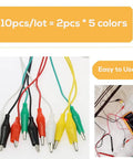 30 Piece Gator Clips Electrical Set With Five Color Crocodile Clips And Dual Ended Jumper Wires Power Test Probes For Circuit Connections Welding Tests And Electronics Experiments 55 Centimeter Lead Length, shown with multi-colored clips and connected to testing equipment.