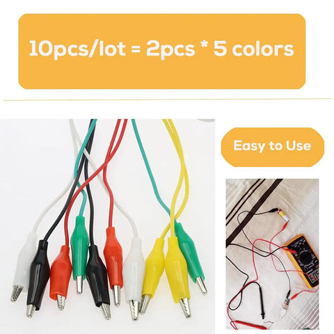 30 Piece Gator Clips Electrical Set With Five Color Crocodile Clips And Dual Ended Jumper Wires Power Test Probes For Circuit Connections Welding Tests And Electronics Experiments 55 Centimeter Lead Length, shown with multi-colored clips and connected to testing equipment.