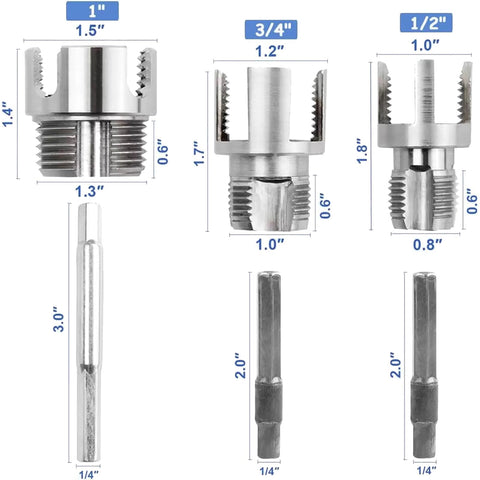 Dual Function PVC Pipe Threader Kit showing size dimensions for 1/2, 3/4, and 1 inch internal and external threading components.