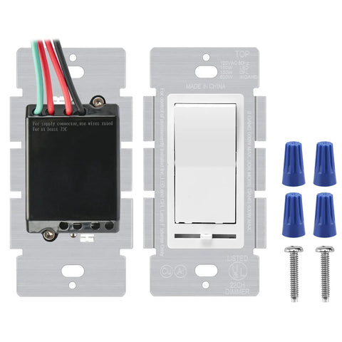 Single Pole Or 3 Way Dimmer Light Switch 1 Pack Heavy Duty Quick Install For Home Fixtures with wiring connectors and screws.