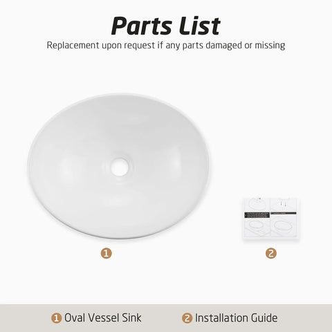 Premium Oval Ceramic Vessel Sink For Bathroom Vanity Countertop Glossy White Porcelain Bowl Above Counter shape and details