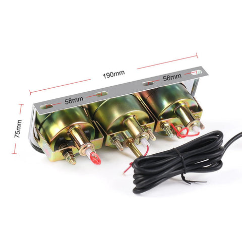 Front view of chrome triple-gauge kit with 52mm mechanical oil pressure, water temperature and ammeter gauges with wiring harness.