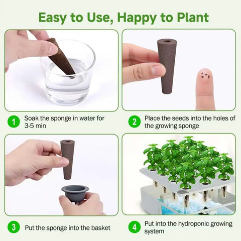 Steps for using 60 Pack Hydroponic Grow Sponges Replacement Pods For AeroGarden And Indoor Systems, including soaking and planting.