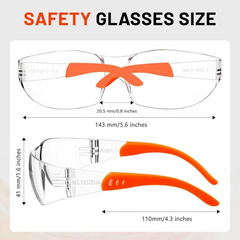 Heavy Duty Wraparound Safety Glasses Featuring Anti Fog Lens And Ansi Z87.1 Certification Tough Work Eye Protection size chart showing dimensions.