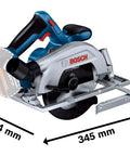 Badass 18V Cordless Brushless Circular Saw With Slick Six Point Five Inch Blade and Rock Solid Aluminum Shoe side view with dimensions.