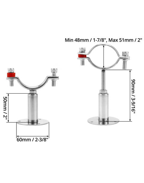 QWORK stainless steel 2" OD pipe wall/ceiling clamp; adjustable bracket for rods and tubes; pair shown.