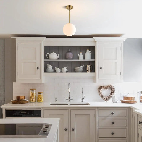 Dope Modern Globe Pendant Light 1 Light Mid Century Chandelier With Large White Glass Shade And Brushed Brass Finish Hanging Fixture For Kitchen Island Gold, in kitchen setting