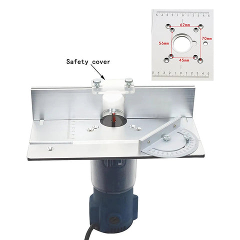Heavy Duty Aluminum Router Table Insert Plate Featuring Beefy Back Fence And Dead Set Angle Ruler For Straight Shooting Wood Milling And Zero Drama Cutdowns with safety cover and precision scales.