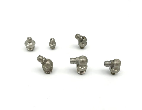Stainless Steel SAE Grease Fittings Set 40 Pc Marine Grade 303 Includes 1 Quarter Inch 28 LT Straight, various angled fittings