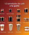 12 varieties of coffee drinks including Ristretto, Cappuccino, and Latte featured on vibrant background.