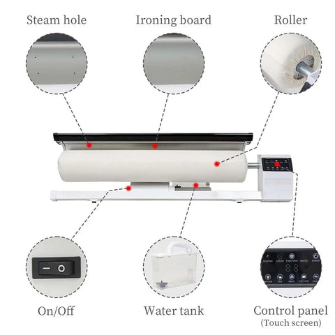 Commercial Grade Rotary Steam Iron With Massive 36 Inch Roller And Continuous Steam Generator close-up on features like steam hole and control panel.