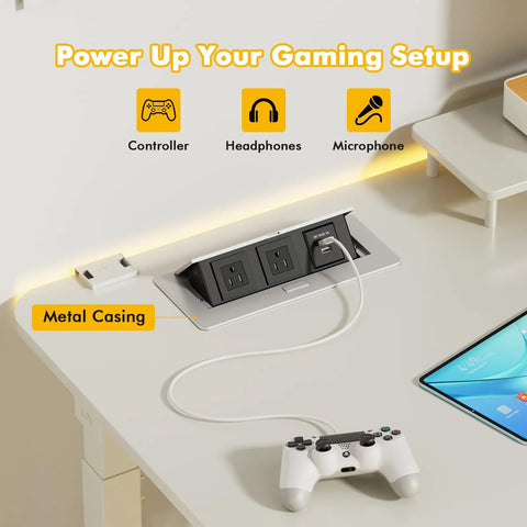 Recessed Pop Up Power Strip for Countertop and Desk, Hidden Charging Outlet with Metal Casing, 6 Ft Extension Cord, Silver setup