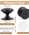 Black Round Cabinet Knobs Set 30mm Aluminum Alloy Drawer Handles With Self Adhesive Pads And Screws Stick On Or Screw In For Closet Kitchen Cupboard 10 Pack with dimensions and components displayed