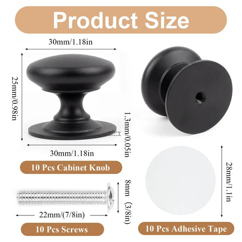 Black Round Cabinet Knobs Set 30mm Aluminum Alloy Drawer Handles With Self Adhesive Pads And Screws Stick On Or Screw In For Closet Kitchen Cupboard 10 Pack with dimensions and components displayed