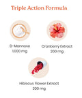 Triple Action Formula with D Mannose 1000mg, Cranberry Extract 200mg, Hibiscus 200mg for urinary tract health in 60 veggie capsules.