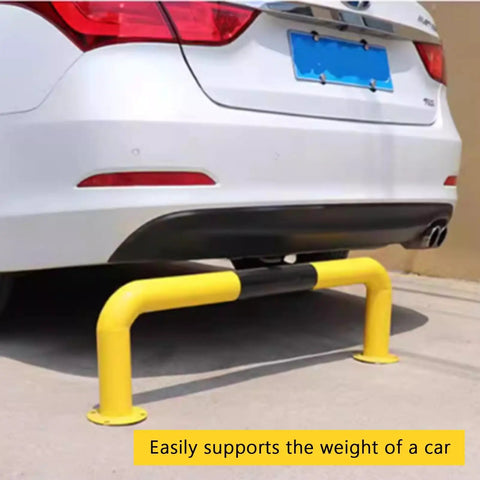 Car backed against U Shaped Steel Pipe Wheel Stop With Anti Collision Round Parking Post in yellow and black, floor mounted.