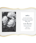 Gold Crown Point Double 5 By 7 Inch Photo Frame Goldplated Metal With Curved Edges showing black and white floral photo and invitation