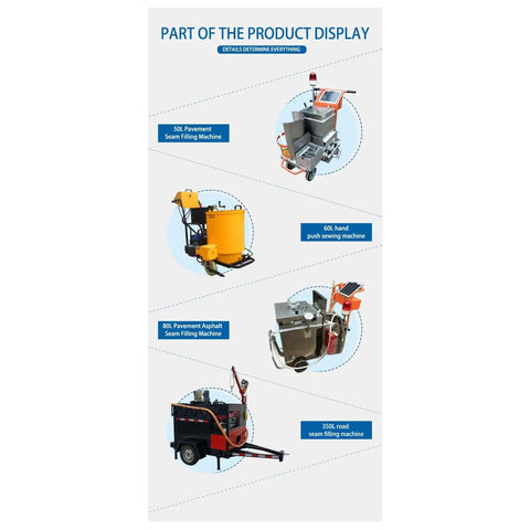 Pro Grade Road Crack Filling Machine For Asphalt And Concrete Joint Sealing display, various sealant machines shown.