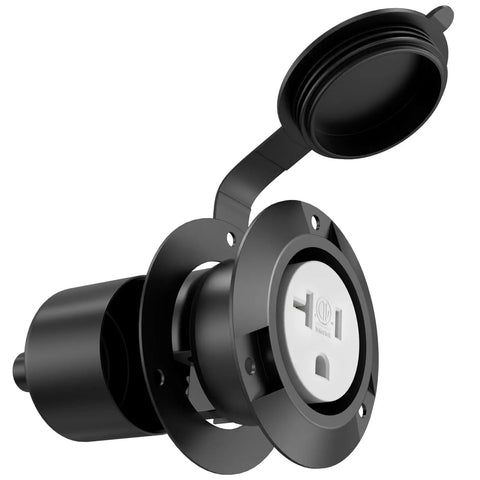 Heavy Duty 15A 20A Flanged Outlet NEMA 5-20 Female Receptacle With Weather Cover For Shore Power RVs Truck Bed Block Heater Indoor Outdoor Use ETL Listed black flanged outlet