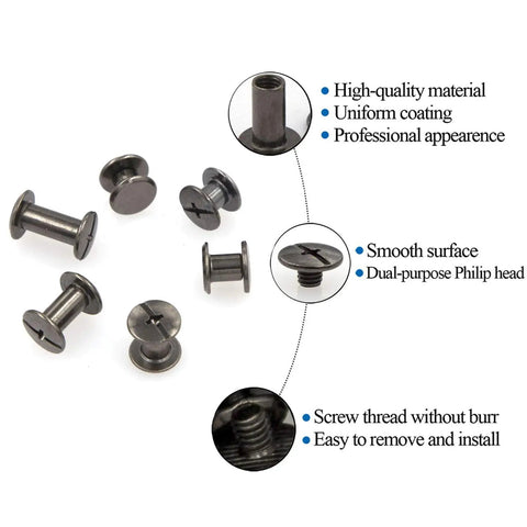90 Piece Chicago Screws Kit In Gun Metal For DIY Leather Craft with Phillips head screws showing close-up of smooth surface and threading
