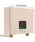 3000W Electric Tankless Water Heater With LED Display And Instant Hot Flow, compact size 21x15x5.5 cm, aluminum construction.