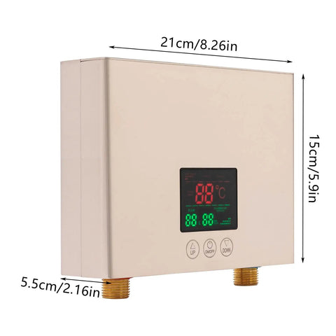 3000W Electric Tankless Water Heater With LED Display And Instant Hot Flow, compact size 21x15x5.5 cm, aluminum construction.