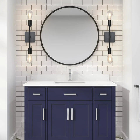 Two Pack Black Industrial Vanity Light Fixtures Over Mirror Sconces for Bathroom with Matte Black Finish beside round mirror.