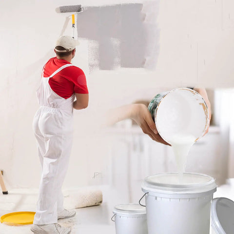 Person in white overalls painting wall; 10 Pack 5 Gallon Paint Strainer Bags With Elastic Drawstring Fine Mesh Filters for Paint