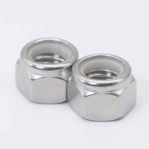 Close-up of two 4-40 Nylock Nuts, 304 Stainless Steel Nylon Insert Lock Nuts, Silver, for bolts, self-locking hardware