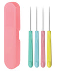 Next Level Cookie Scribe Needles For Home Bakers, 5.2 Inch Precision Icing Art Pins in pink, blue, and yellow with a case.