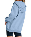 Back view of Womens Oversized Zip Up Hoodie Fleece Pullover Sky Blue With Quarter Zip And Stand Up Collar for cozy wear