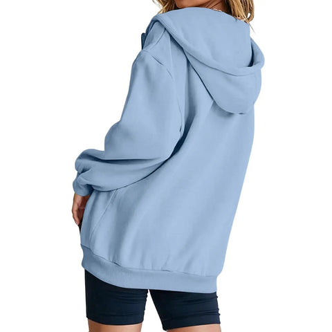 Back view of Womens Oversized Zip Up Hoodie Fleece Pullover Sky Blue With Quarter Zip And Stand Up Collar for cozy wear