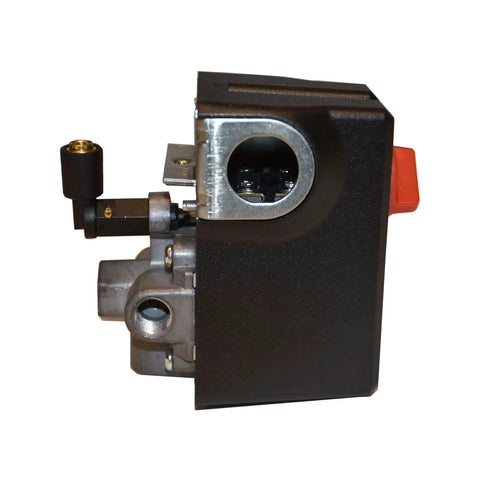 Side view of Tough As Nails 4 Port Pressure Switch for Air Compressors with 1/4 Inch FNPT Inlet and 1/4 Inch Quick Disconnect Fittings