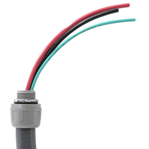 Close-up of Beefy 3/4 Inch Liquid Tight Non-Metallic PVC Conduit Cable Whip Kit, showing connectors and conductors.