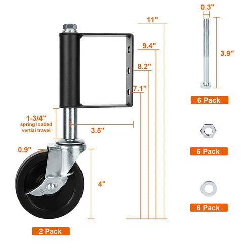 Beefy Heavy Duty Gate Wheel Set 4 Inch Spring Loaded Caster For Wooden Gates With Rubber Wheel And Universal Mount