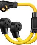 Heavy Duty 50 Amp Nema 10-50P To Dual 10-50R Y Splitter Cord with yellow cable for electric ranges and EV chargers.