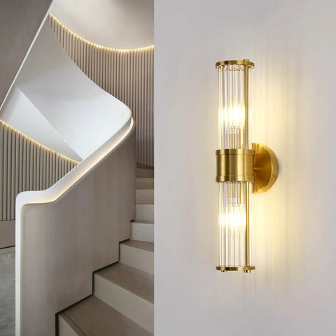 Modern Crystal Wall Sconce Gold Light With Brushed Titanium Finish And Trophy Glass Shade Wall Mount Fixture in a hallway