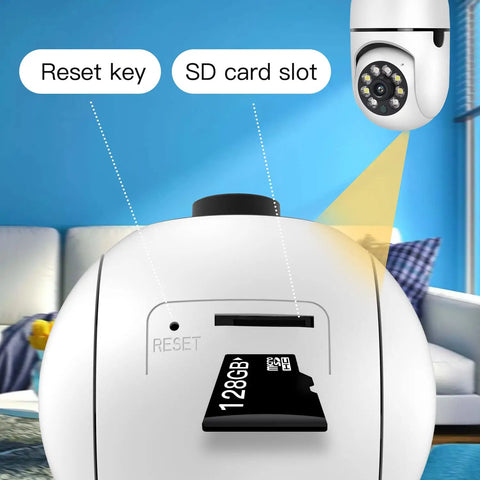Close-up of reset key and SD card slot on 2K 3MP Light Bulb Security Camera With 360 Degree View, showing a 128GB card inserted.