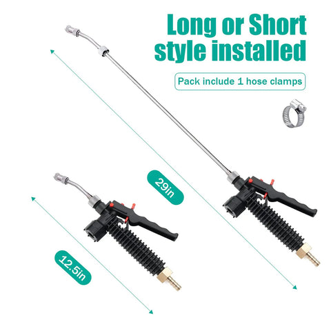 Stainless Steel Sprayer Wand 29 Inches With Lockable Handle, Heavy Duty Three Eighths Inch Brass Barb, Fits Most Hoses, Durable Shut Off Valve For Lawn Care And Gardening; wand length options of 29 inches and 12.5 inches shown.