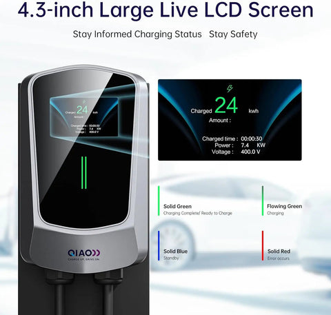 Heavy Duty Level 2 EV Charger J1772 Compatible 48 Amp 11.5 Kilowatt Wall Mount Charging Station with LCD screen display.