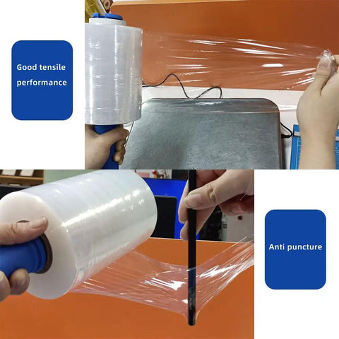 Heavy Duty Stretch Film Roll For Moving And Shipping, Industrial Strength Plastic Wrap With Handle, showing tensile and anti-puncture properties.