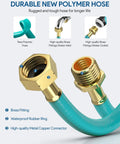 Close-up of brass connectors on retractable garden hose reel with wall mount 100 Ft half inch hose, showing rubber ring and metal copper connector