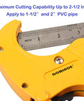 Close-up of yellow pipe cutter with a ruler, Beefy Heavy Duty Ratchet PVC Pipe Cutter Up To Two And A Half Inch For PEX PVC PPR