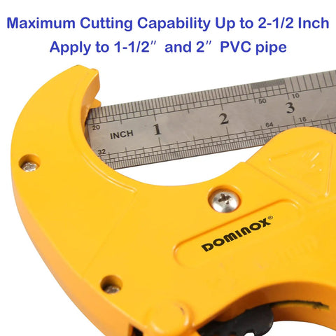 Close-up of yellow pipe cutter with a ruler, Beefy Heavy Duty Ratchet PVC Pipe Cutter Up To Two And A Half Inch For PEX PVC PPR