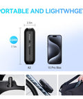On The Go Portable Electric Air Compressor Pump For Bikes And Cars, size comparison with smartphone, compact design