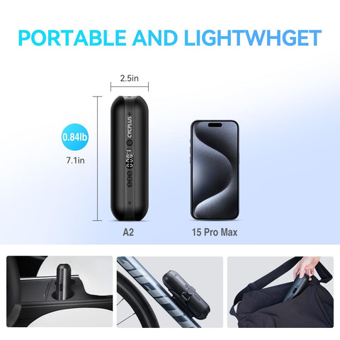 On The Go Portable Electric Air Compressor Pump For Bikes And Cars, size comparison with smartphone, compact design