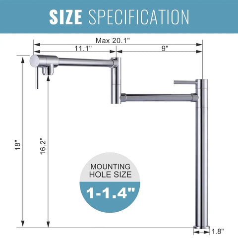 Size specifications for Deck Mounted Pot Filler Faucet With Solid Brass, Double Joint Swing Arm, Polished Chrome Finish