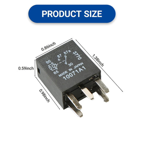 Pack Of Two Hefty Twelve Volt Five Pin Auto Fuel Pump Relays Straight Plug Setup with dimensions shown for size reference.