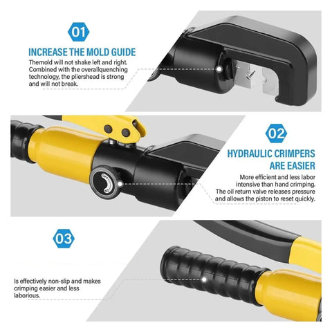 Top Quality Hydraulic Crimping Tool And Rebar Shears detail showing non-slip grip and mold guide for efficient crimping.